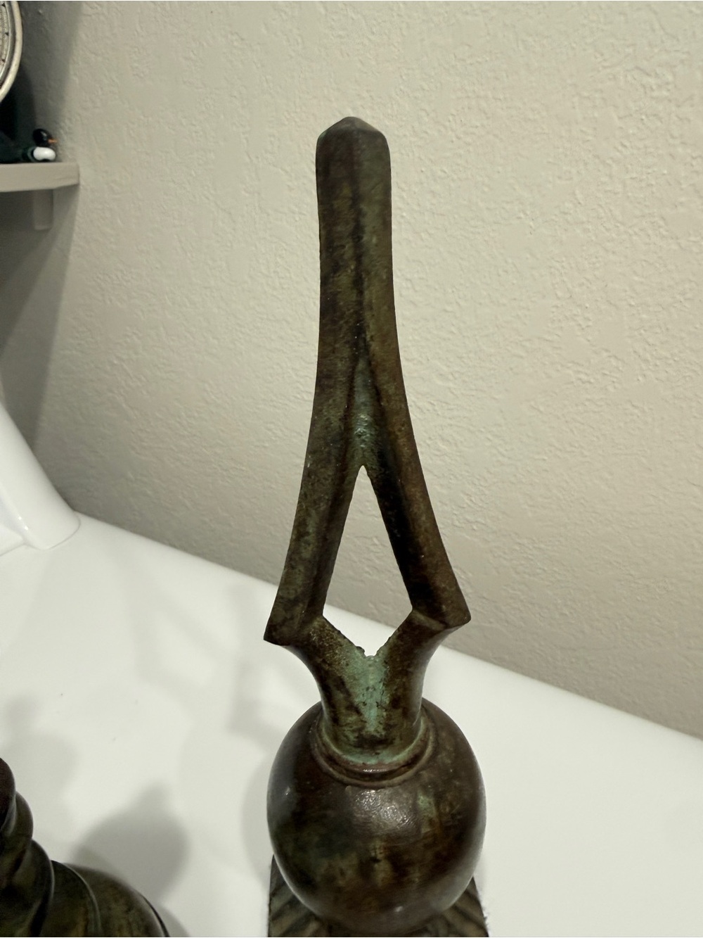 Vintage Bronze-Green Decorative Finial Pair Heavy Sculptural Mantel Accents - Picture 10 of 15